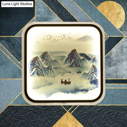Lámpara mural cuadrada de estilo chino con estampado de montaña y luz LED empotrada para salón, en tela gris/azul.