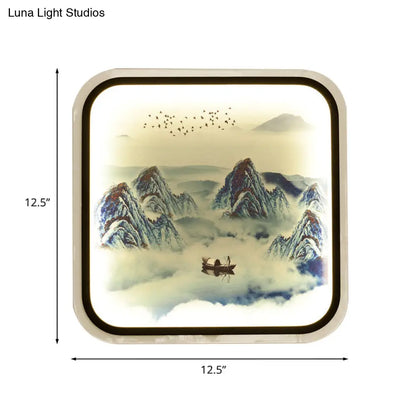 Lámpara mural cuadrada de estilo chino con estampado de montaña y luz LED empotrada para salón, en tela gris/azul.