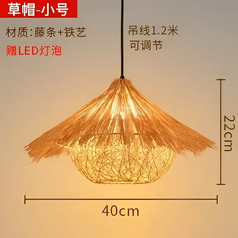 A warm-toned Chinese style bamboo weave pendant lamp with a woven thatched roof for dining room lighting