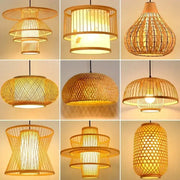A collection of nine warm-toned natural bamboo weave pendant lamps with unique geometric and tiered designs