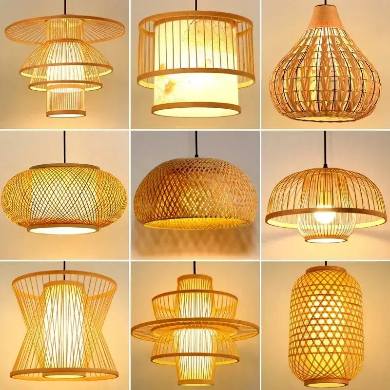A collection of nine warm-toned natural bamboo weave pendant lamps with unique geometric and tiered designs