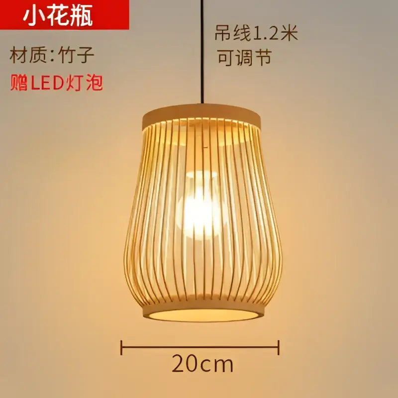 A warm-toned bamboo weave pendant lamp with cylindrical slats and integrated led bulb for dining room lighting