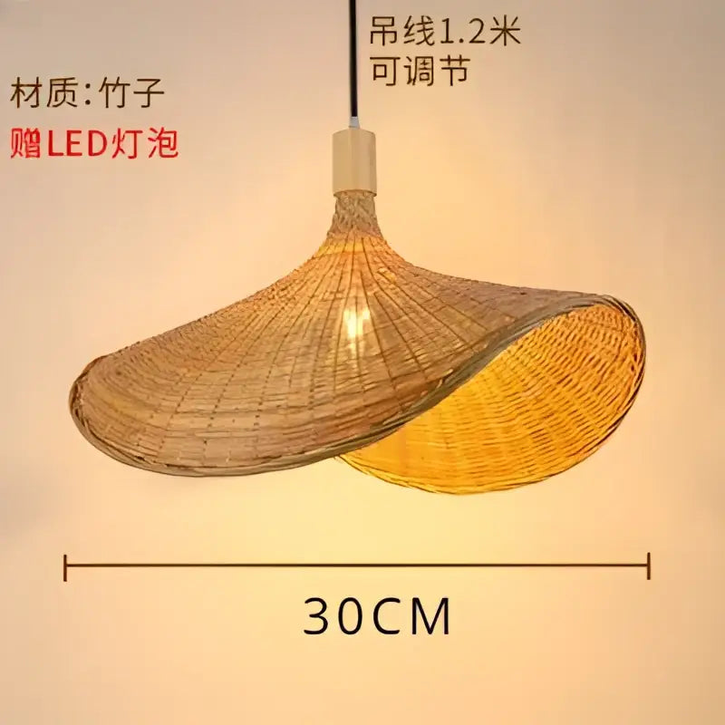 Warm-toned Chinese style natural bamboo weave pendant lamp with curved design and integrated led bulb for dining room lighting