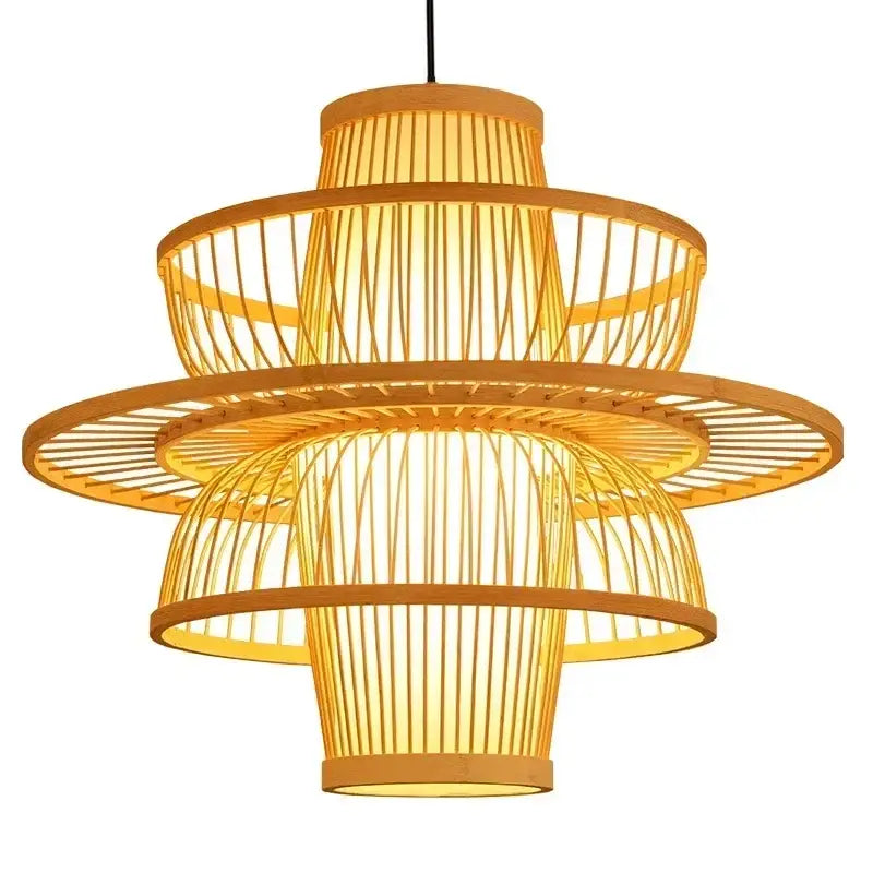 A warm-toned multi-tiered bamboo weave pendant lamp with concentric rings for dining room lighting