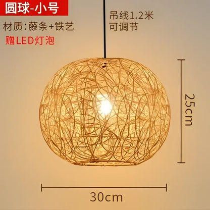 A spherical pendant lamp with a natural bamboo weave and iron wire frame featuring an integrated led bulb for dining room lighting