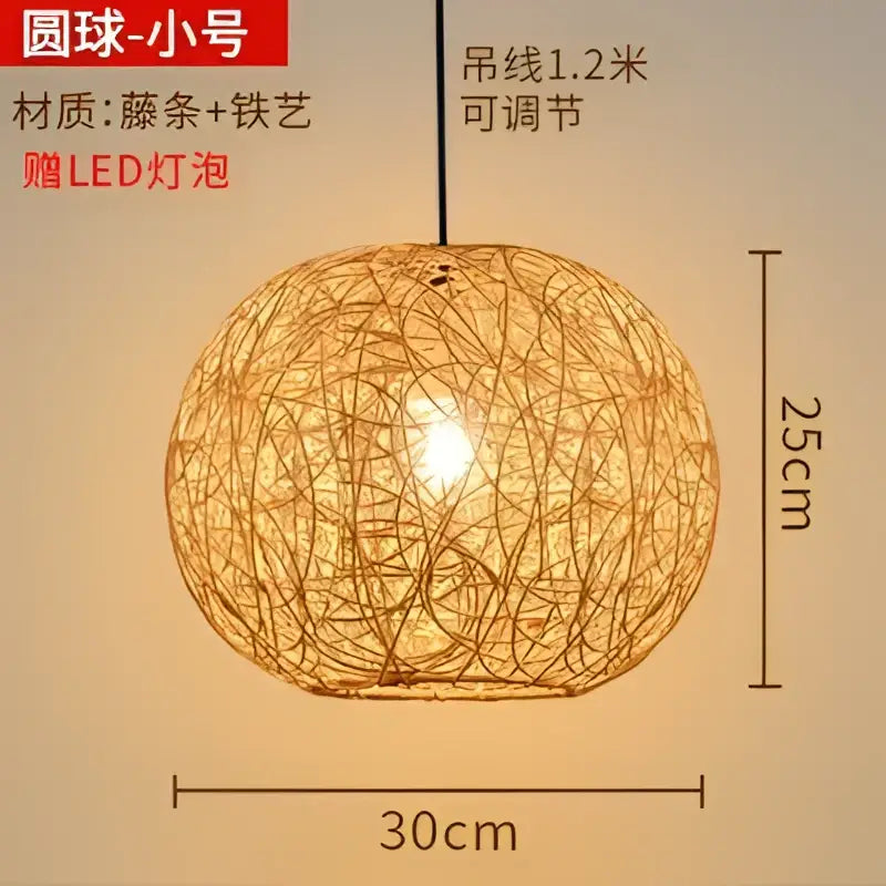 A spherical pendant lamp with a natural bamboo weave and iron wire frame featuring an integrated led bulb for dining room lighting