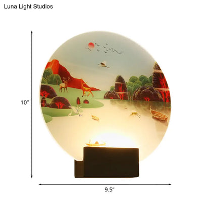 Lámpara de pared de estilo chino con mural acrílico LED que representa un alce negro y un lago