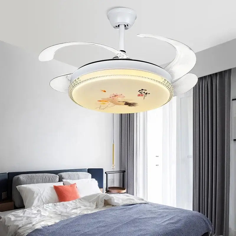White ceiling fan light with dimmable smart fan and circular light panel featuring painted rooster and chinese calligraphy