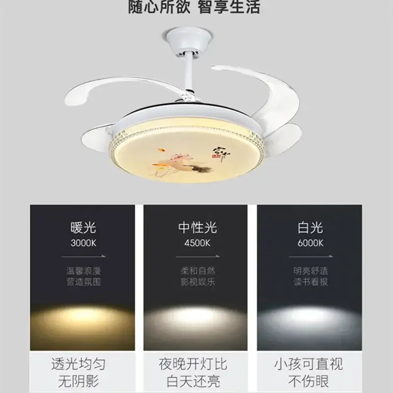 White ceiling fan light with dimmable smart feature and decorative floral calligraphy pattern for bedroom use