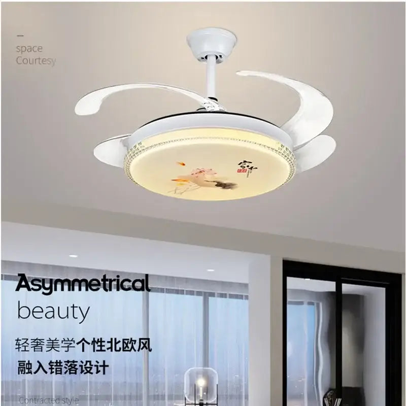 Chinese style white dimmable ceiling fan light with circular fan light featuring a chicken illustration and Chinese characters