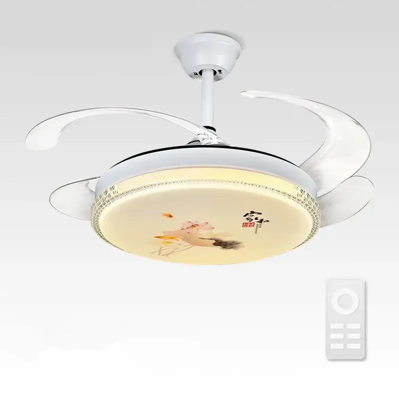 White dimmable ceiling fan light with lotus and gold fish artwork in traditional chinese ink wash style for bedroom use