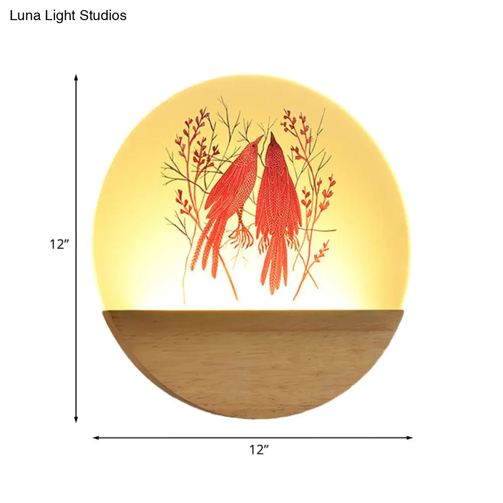 Lámpara de pared LED acrílica redonda de estilo chino con forma de pájaro y árbol - Iluminación ideal para la mesilla de noche