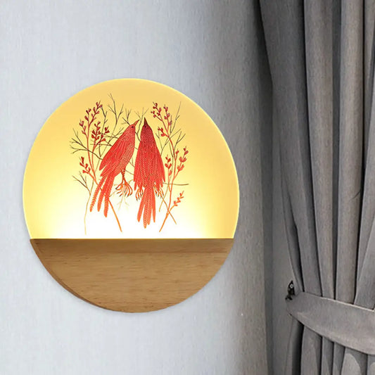 Lámpara de pared LED acrílica redonda de estilo chino con forma de pájaro y árbol - Iluminación ideal para la mesilla de noche