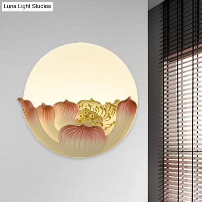 Lámpara de pared LED con mural de resina de loto blanco chino y luna de montaña para habitación de invitados