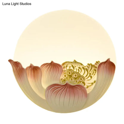 Lámpara de pared LED con mural de resina de loto blanco chino y luna de montaña para habitación de invitados