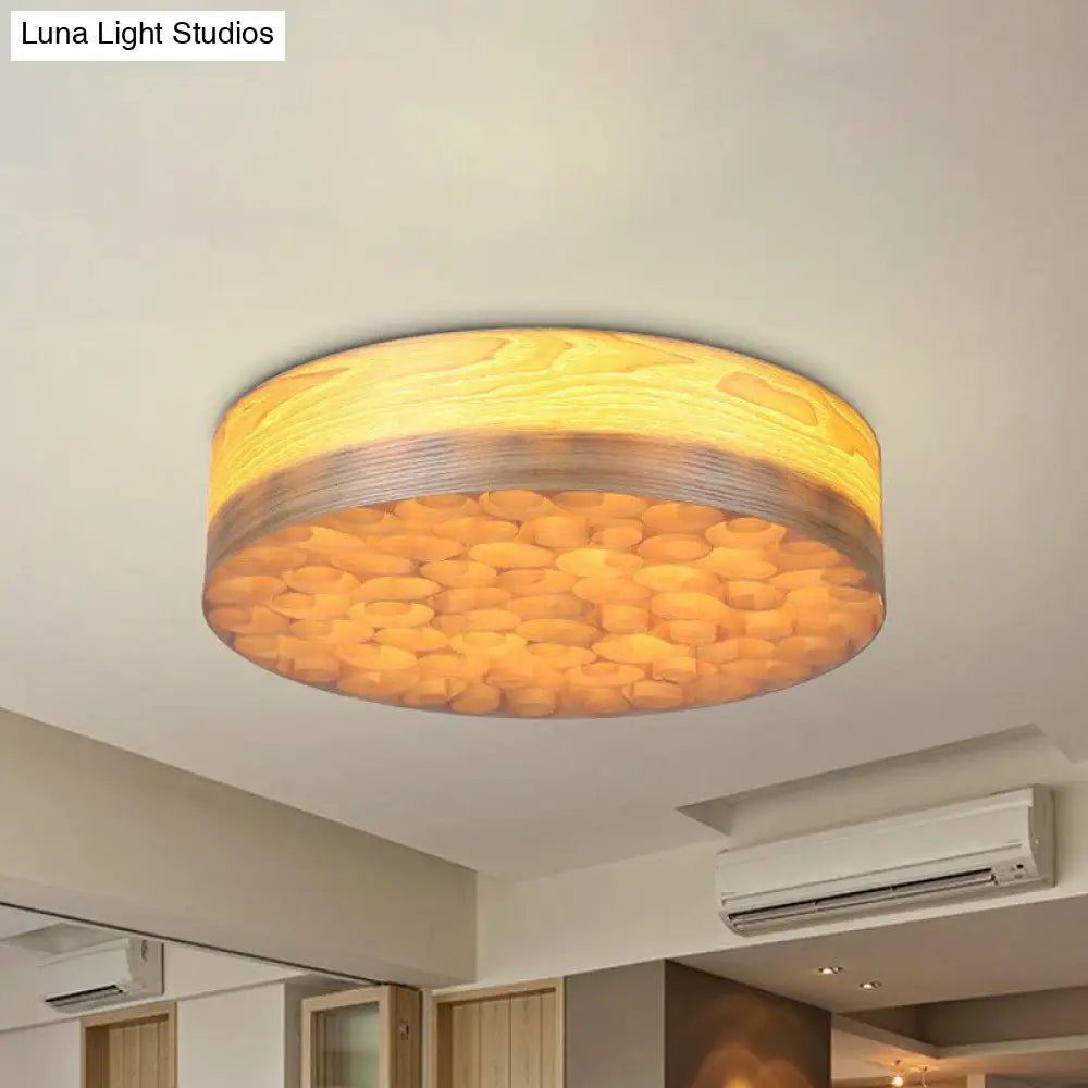 DecorBites™ Chinese Wood Shade Beige Ceiling Lamp: Contemporary Single Light Flush Mount Fixture for Living Room