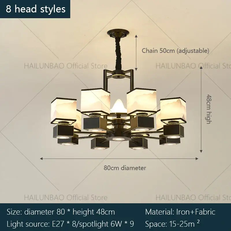 Black iron chinese zen marble chandelier with eight square fabric shades and frosted glass for living room decorbites chinese zen