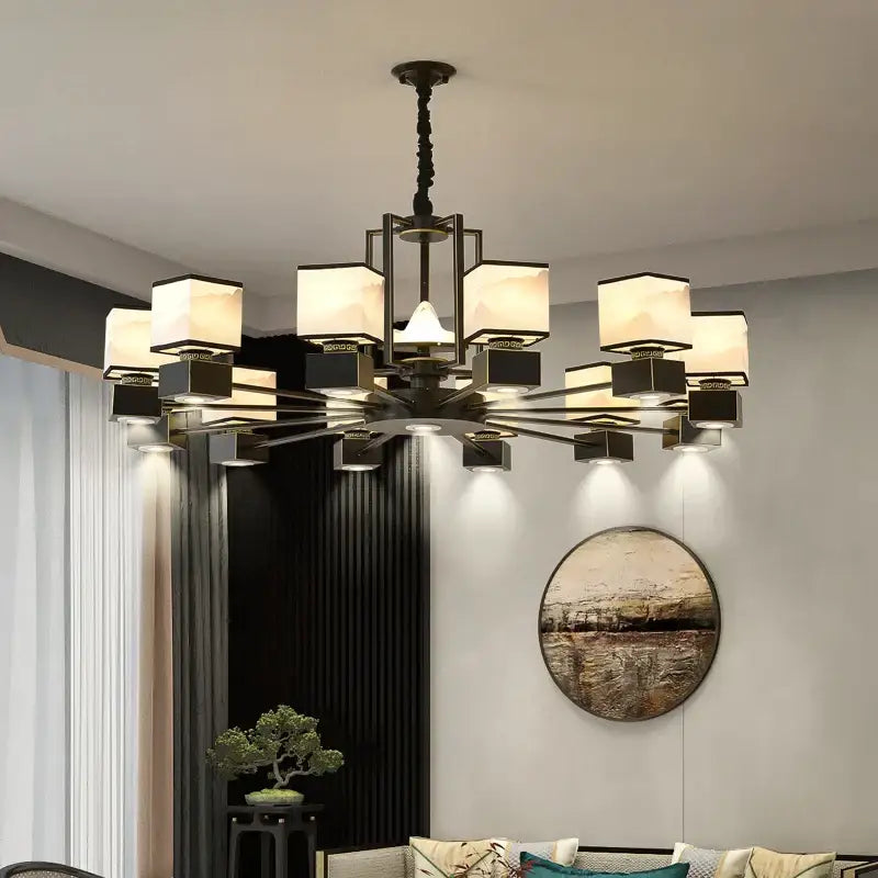 Modern black metal marble chandelier with warm frosted glass shades for living room decorbites chinese zen marble design