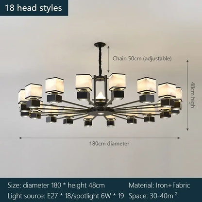 Black iron decorbites chinese zen marble chandelier with 18 frosted glass shades for living room decor