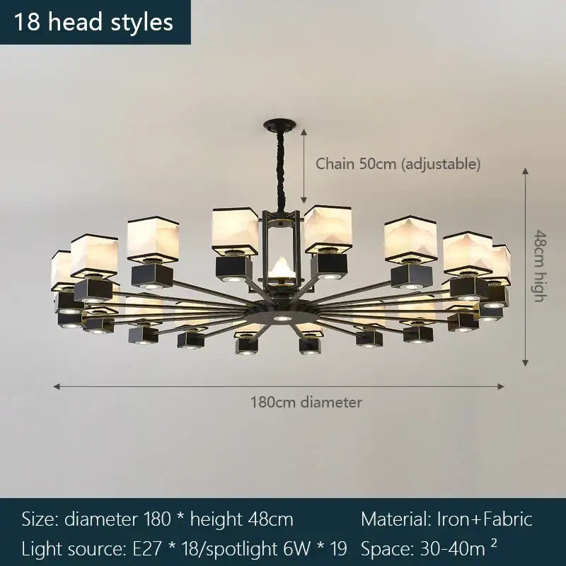 Black iron decorbites chinese zen marble chandelier with 18 frosted glass shades for living room decor