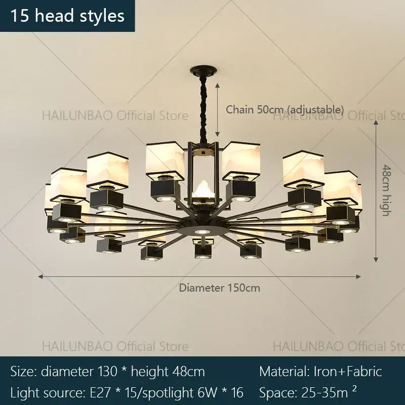 Black iron marble chandelier with 15 square fabric shades decorbites chinese zen marble for living room decor