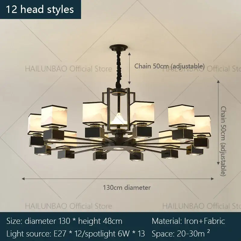 Black iron chinese zen marble chandelier with twelve square fabric shades for living room decorbites chinese zen design