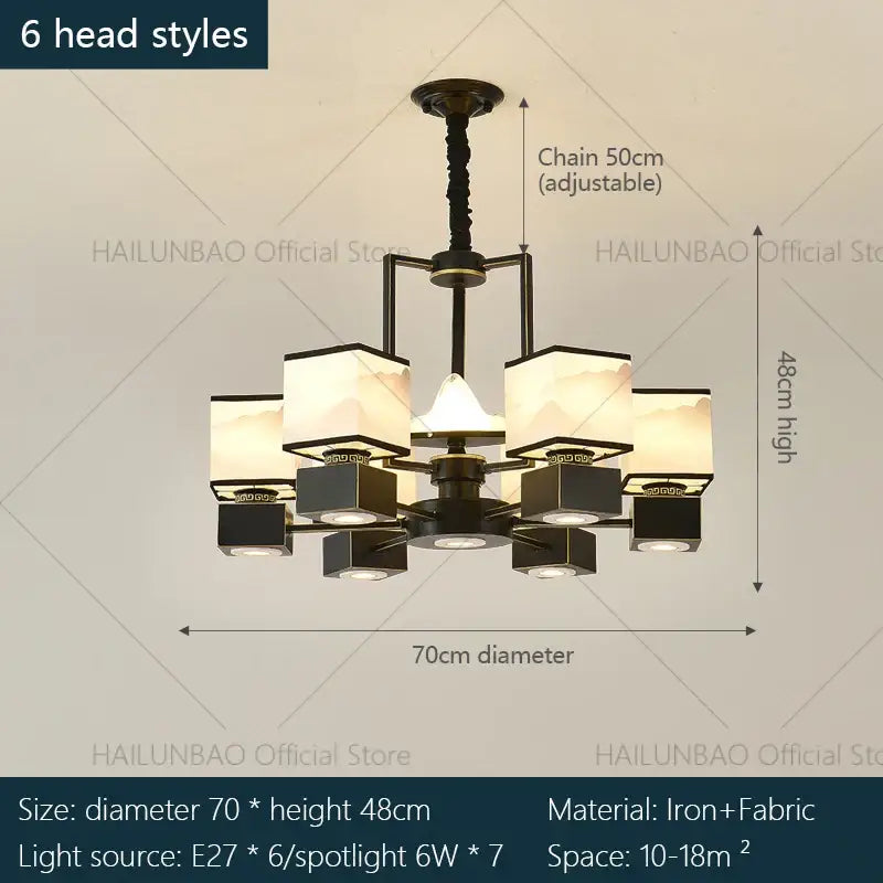 Black iron chinese zen marble chandelier with six square fabric shades featuring mountain design for living room decorbites chinese zen