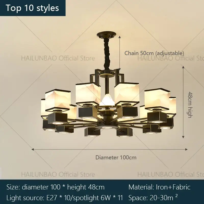 Black iron chinese zen marble chandelier with frosted fabric shades for living room decorbites chinese zen marble