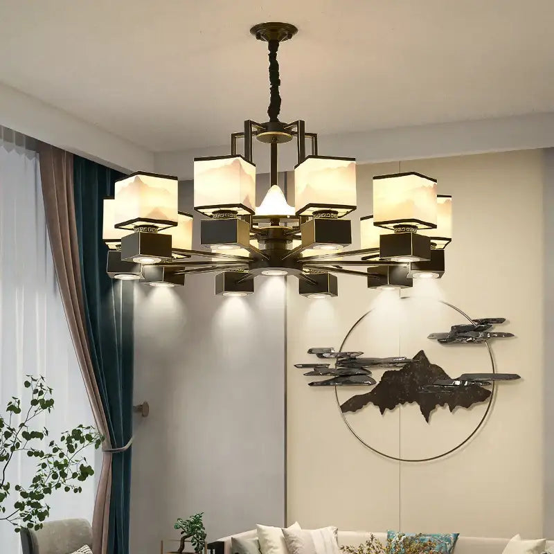 A chinese zen marble chandelier with dark bronze frame and frosted glass shades for living room decorbites marble chandelier