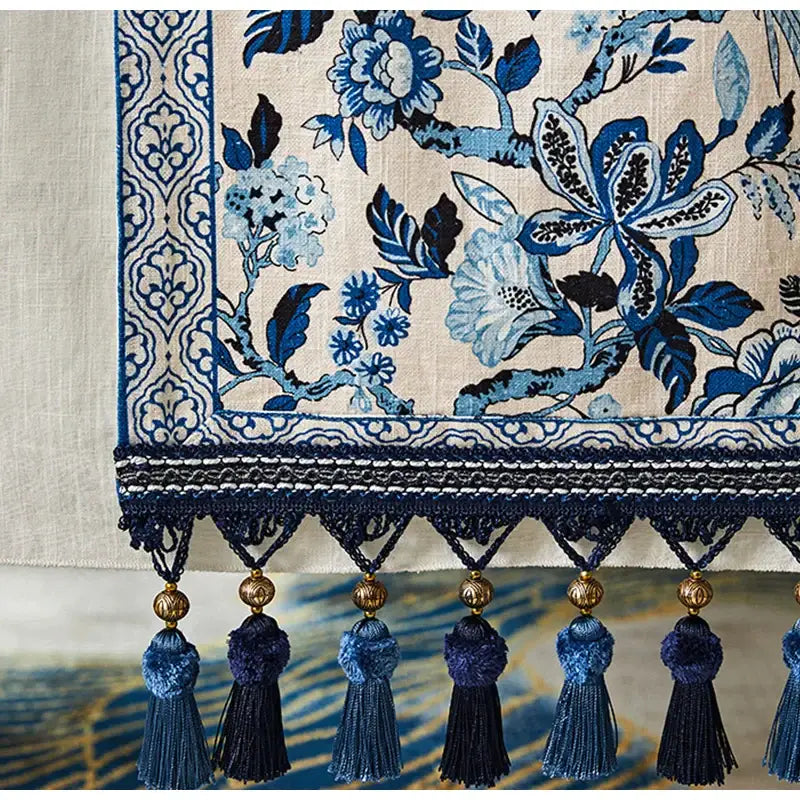 Chinoiserie blue white porcelain table runner with blue and cream floral lace trim and navy tassels decorbites blue white