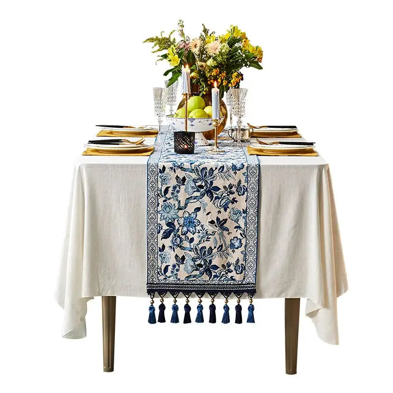 Blue floral decorbites blue white porcelain table runner with tassels for elegant dining room decor