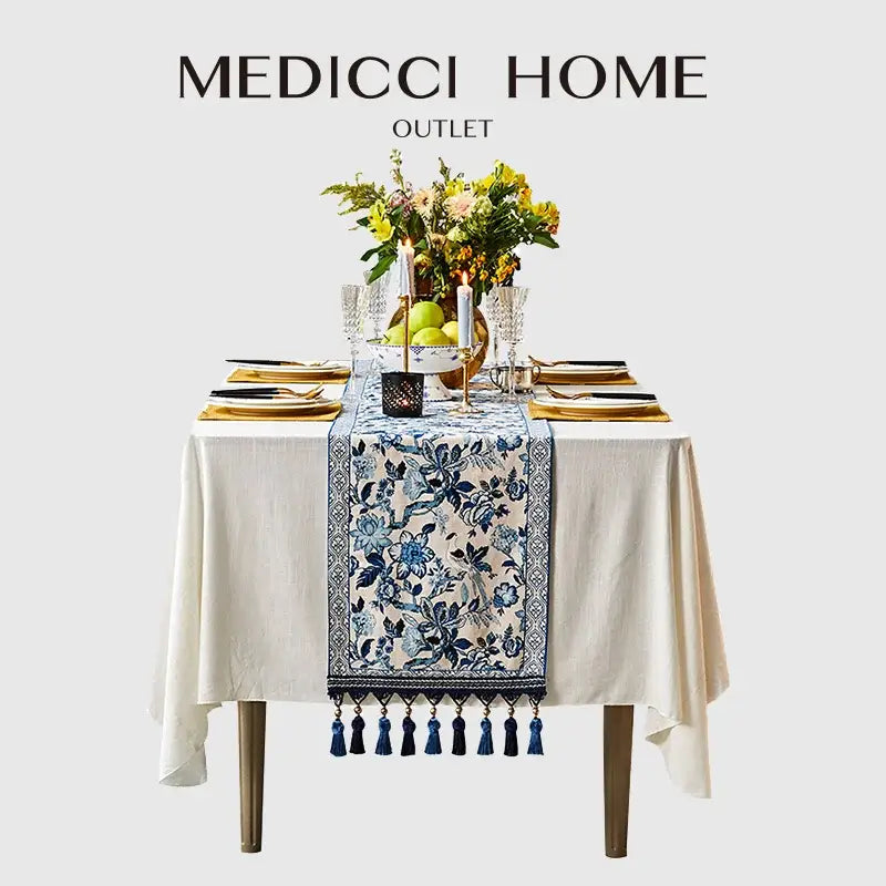 Chinoiserie blue and white porcelain table runner with floral design and tassels from medici home outlet decorbites blue white