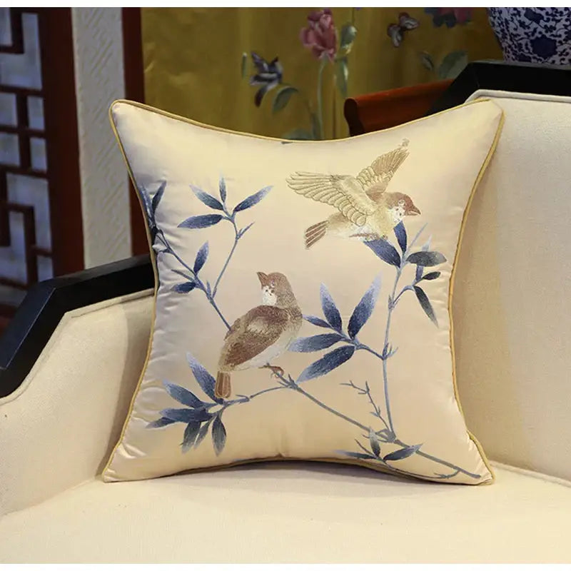 Cream-colored satin pillow cover with golden yellow birds branches embroidered for living room decorbites pillow covers