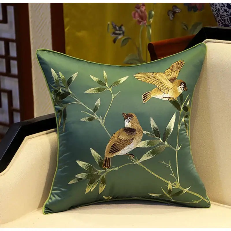 Emerald green satin pillow covers with gold-threaded birds branches embroidered decorbites for living room decor