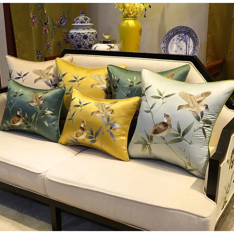 Set of chinoiserie golden yellow birds branches embroidered satin pillow covers with vibrant gold threadwork decorbites birds branches decor