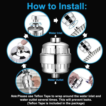 Shiny chrome-finished 15 stage shower water filter with cylindrical ridged design for chlorine removal in bathroom