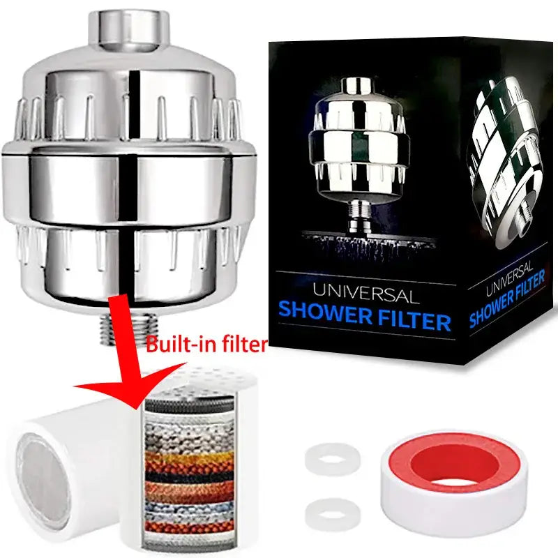 Shiny chrome 15 stage shower water filter with multi-layered filtration system for chlorine removal in bathroom