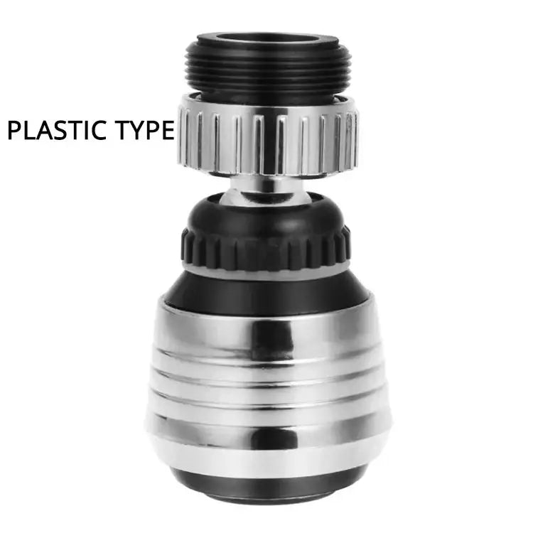 Chrome silver and black plastic kitchen faucet aerator with textured ridged design and two water saving modes extender
