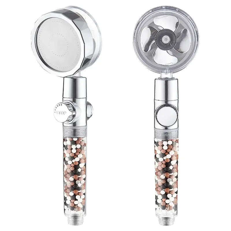 Chrome 360 rotating filter shower head with chrome finish and transparent body filled with multicolored filtration beads enhancing shower experience