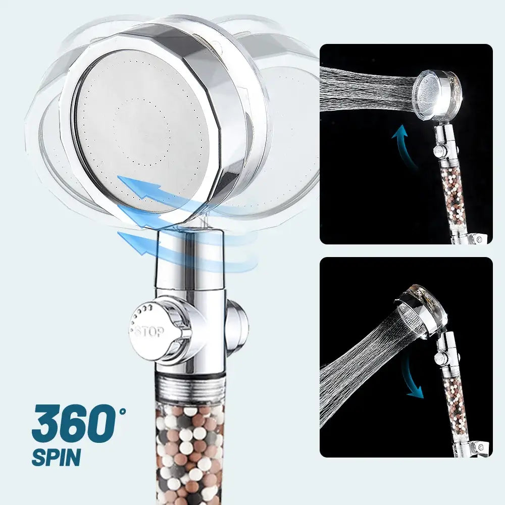 Chrome 360 rotating filter shower head with chrome finish and decorative clear tube with multicolored beads enhancing shower experience