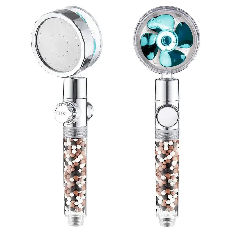 Chrome 360 rotating filter shower head in silver and teal with transparent body and multicolored beads for enhanced shower experience