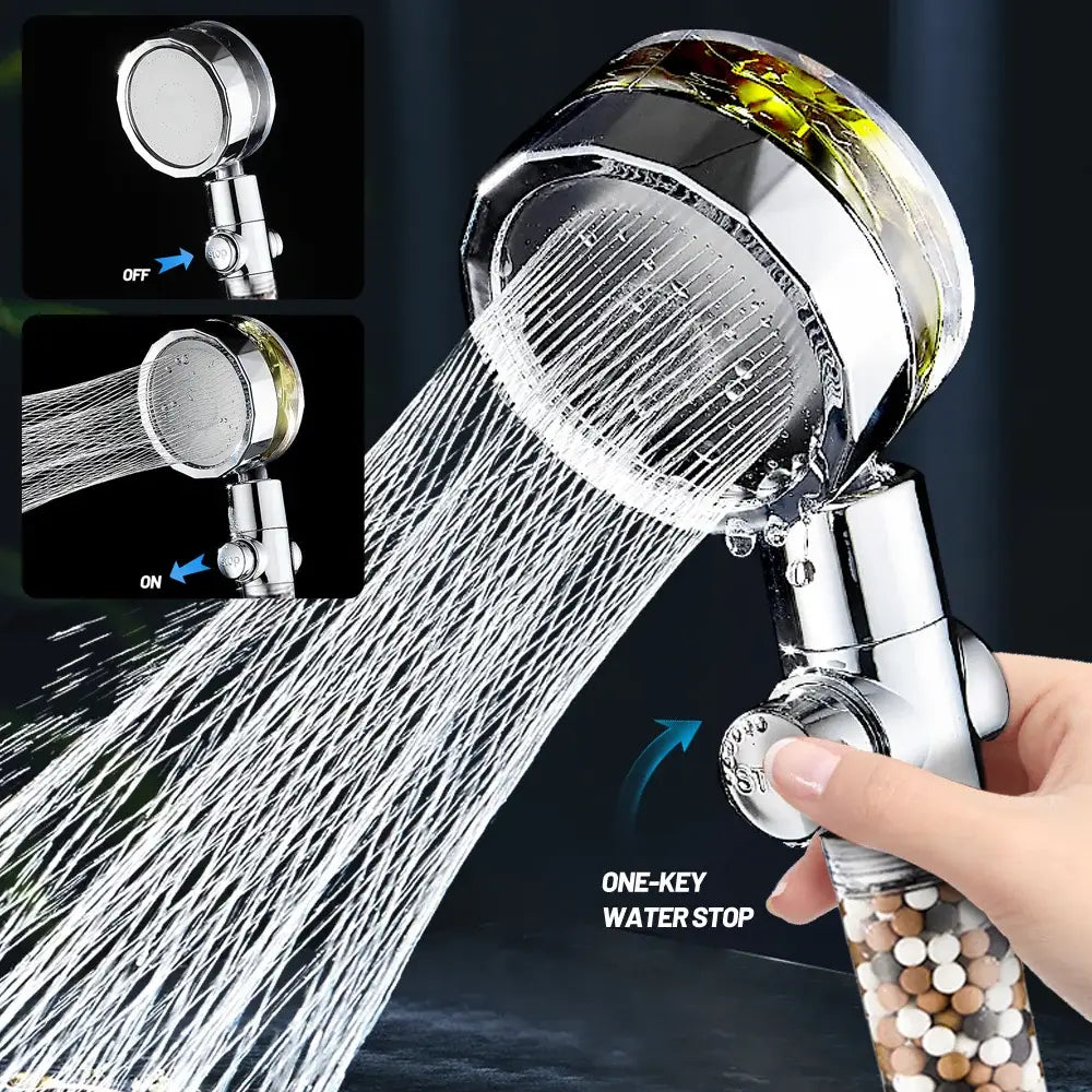 Chrome finished handheld rotating filter shower head with green and gold decorative accent ring for enhanced shower experience