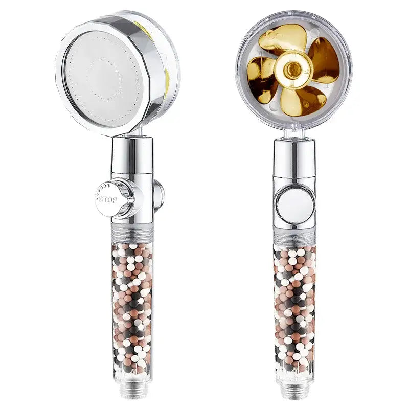 Chrome 360 rotating filter shower head with silver gold finish and transparent body filled with multicolored beads for enhanced shower experience