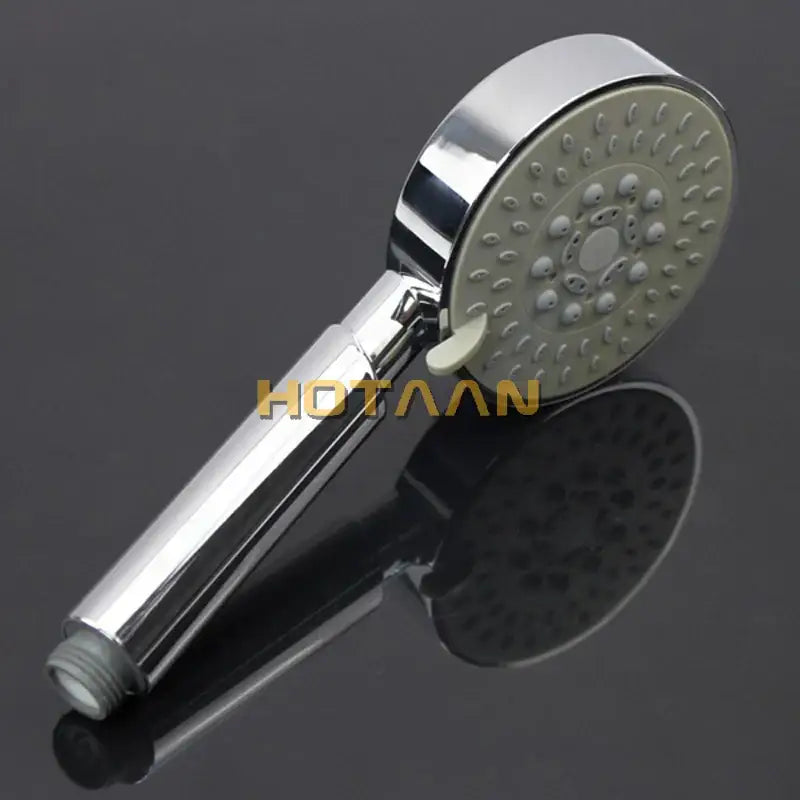 Chrome 5-function hand shower with chrome finish circular head multiple spray nozzles and gray rubberized grip
