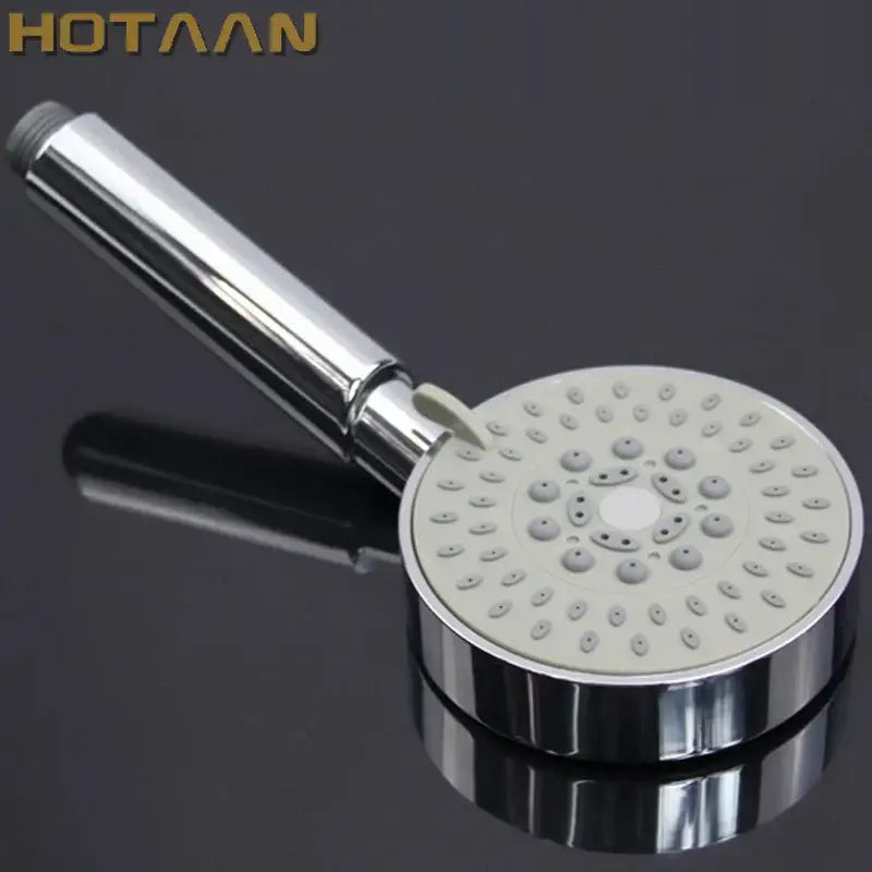 Chrome finished 5-function hand shower with circular chrome face, multiple spray nozzles, and gray grip bathroom sprayer