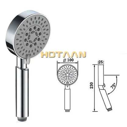 Chrome 5-function hand shower with circular chrome face, multiple spray nozzles, gray grip, and adjustable arm for bathroom use