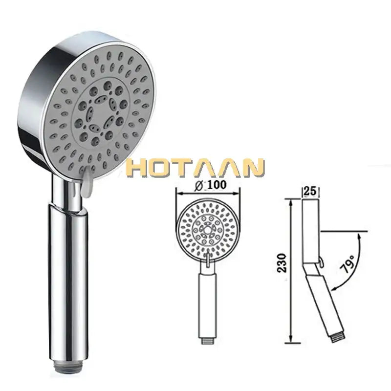 Chrome 5-function hand shower with circular chrome face, multiple spray nozzles, gray grip, and adjustable arm for bathroom use
