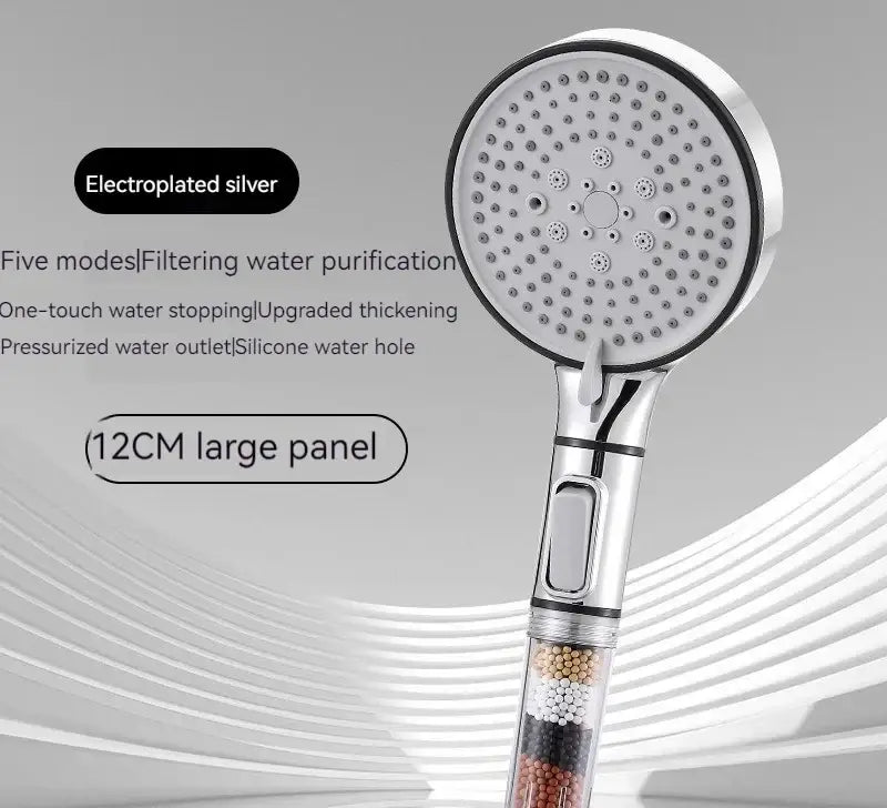 Chrome 5 speed electroplated silver shower head with 12cm panel and visible filter beads calcium sulfite shower head