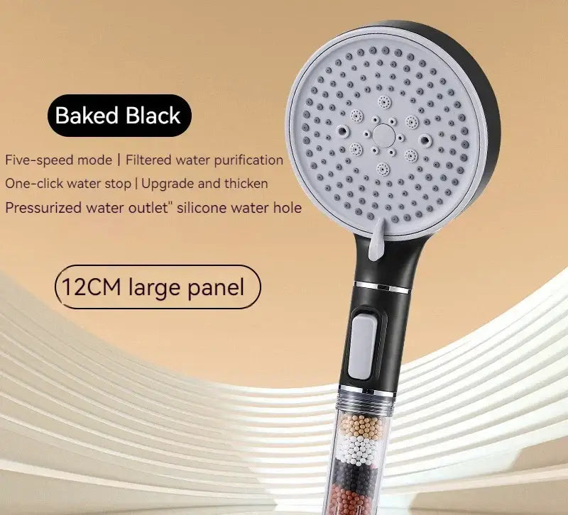 Baked black chrome 5 speed calcium sulfite shower head with 12cm panel and visible filter beads in transparent housing