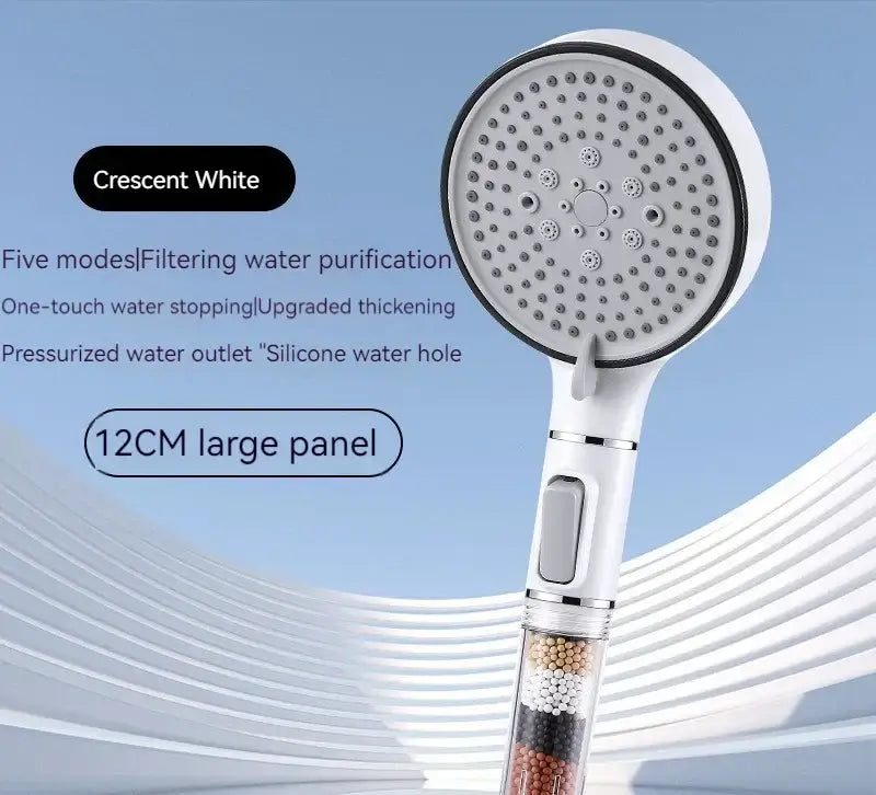 Chrome 5 speed calcium sulfite shower head with crescent white 12cm panel and visible ceramic bead water filter